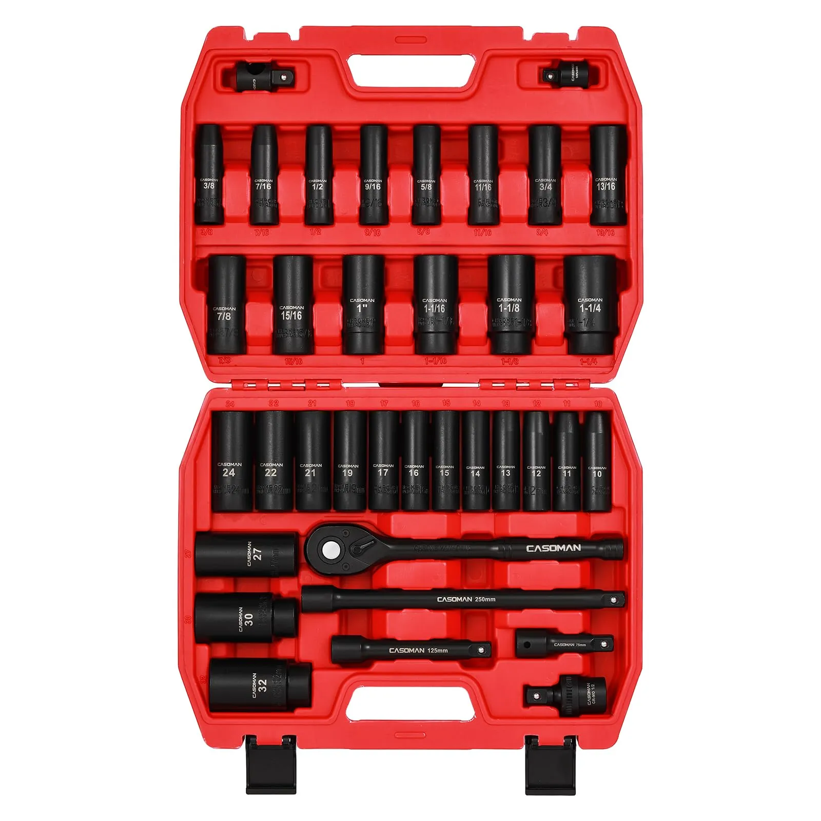 CASOMAN 1/2" Drive Master Impact Socket Set, 36 Piece Deep, Standard SAE (3/8" To 1-1/4") & Metric (10-32 mm) Sizes, Includes Extension Bar (3, 5, 10-inch), Adapters & Ratchet Handle, CR-V Steel