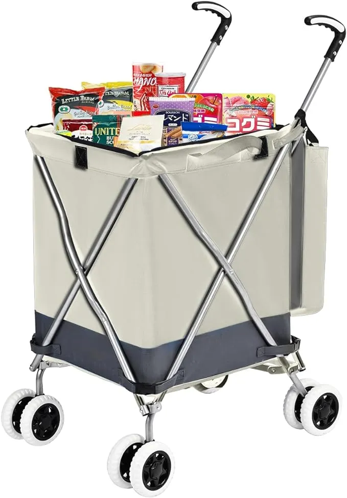 Folding Grocery Shopping Cart with 360° Double Front Swivel Wheels Waterproof Removable Oxford Cloth Liner Heavy Duty Canvas with Cover Lightweight Utility Cart for Laundry - Holds Up to 120 lbs