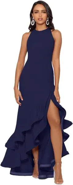 Betsy & Adam Ruffle Halter Crepe Gown