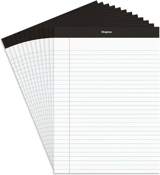 Staples Notepads 8.5" x 11.75" Wide Ruled White 50 Sheets/Pad Dozen Pad