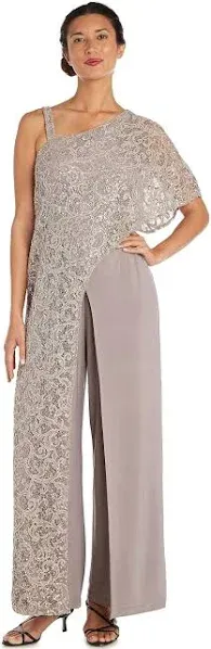 R&M Richards Womens Lace Overlay Sequined Jumpsuit