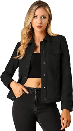 Allegra K Women's Turn-Down Collar Flap Pockets Snap Button Faux Suede Jacket