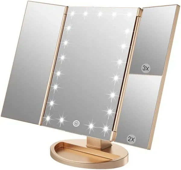 WEILY Makeup Mirror with 21 LED Lights,Two Power Supply Modes, Adjustable Touch Screen and 1x/2x/3x Magnification Tri-Fold Vanity Mirror