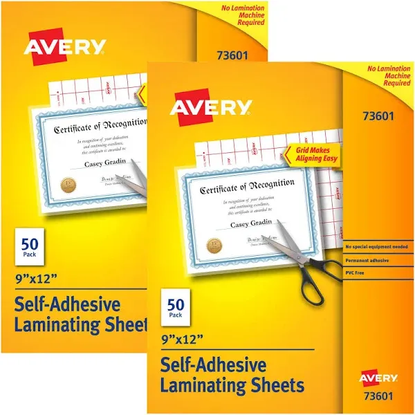 Avery AVE73603 Self-Adhesive Laminating Sheets, Clear, 9" x 12" - 10 sheets each