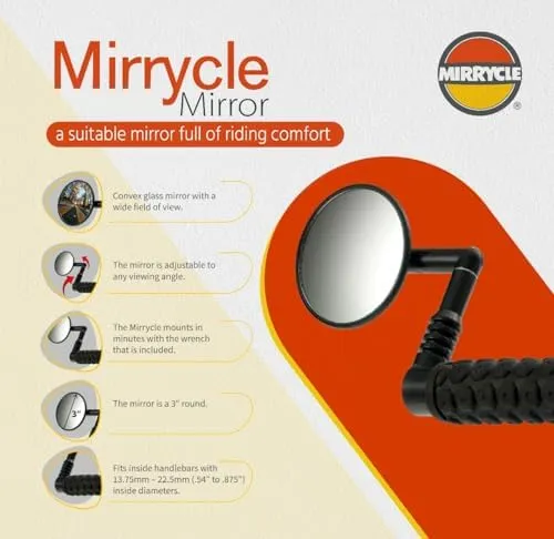 Mirrycle Bar End Rear View Mirror 3&#034; Convex Lens fits Mountain / Commuter Bikes 