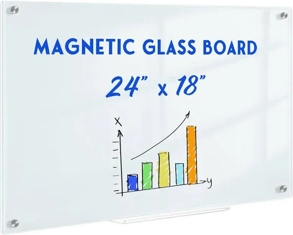 Magnetic Glass Whiteboard, 24" x 18" Glass Dry Erase Board for Wall, Frameless Glass Board with 1 Marker Tray and 3 Magnets for Office, Home, Classroom -Ultra White