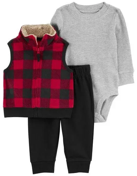 Carter’s buffalo plaid vest and fleece pants, size 6 months