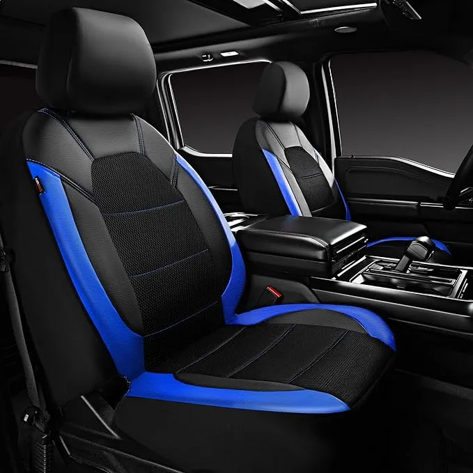 CAR PASS Leather Car Seat Covers Front Seats Only, with Air Mesh Front Seat Covers Breathable, Cool Automotive Seat Cover 2 Pack, Universal Fit Most Cars,SUV,Truck,Van Airbag Compatible(Black & Blue)