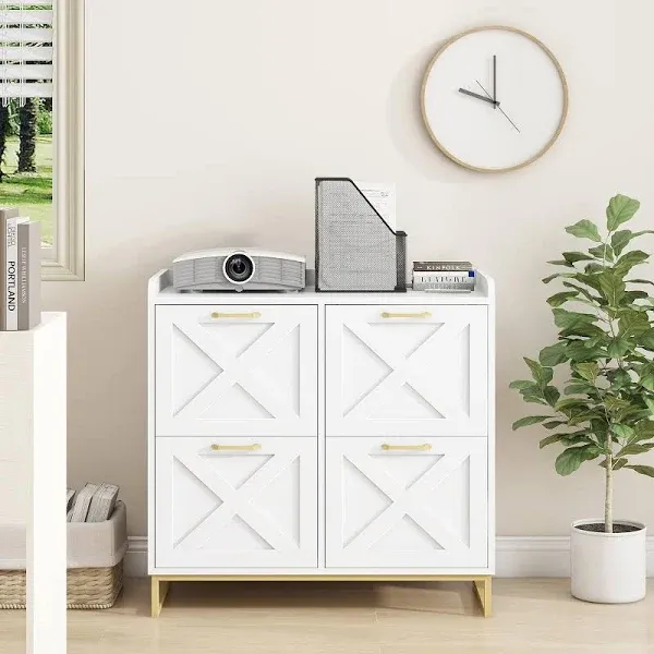 File Cabinet 4 Drawers Lateral File Cabinet with Charging Station for Letter/A4 Size Hanging Files, Large Wood File Storage Cabinets Printer Stand for Home Office, White and Gold