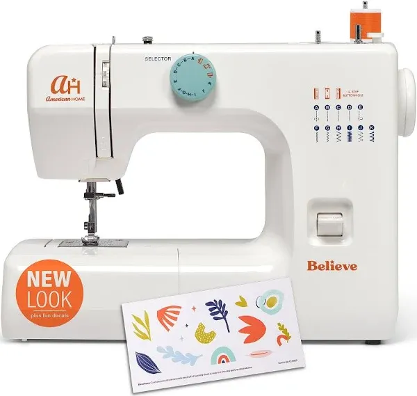 The Believe Beginner Sewing Machine by American Home Makes Sewing for Beginners Easy on Portable Small Sewing Machine with 12 Built-In Stitches, Automatic Stitch Control Plus Fun Decals, AH600