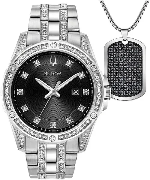 Bulova Men&#039;s Quartz Crystal Accent Date Calendar Black Dial Watch 43MM 96K104