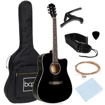 Best Choice Products Beginner Acoustic Electric Guitar Starter Set 41in w/All Wood Cutaway Design, Case, Strap, Picks - Black