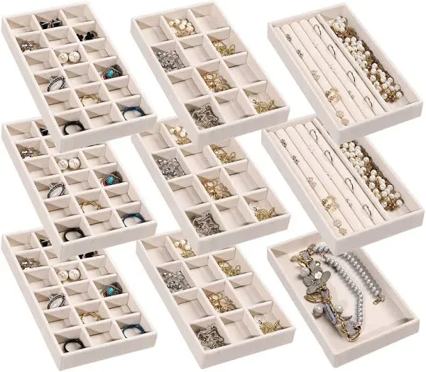 Frebeauty Jewelry Organizer Tray,Stackable Velvet Jewelry Trays,Drawer Inserts Earring Organizer For Women Girls Jewelry Storage Display Case for Rings Stud Necklaces,Set of 6(Beige)