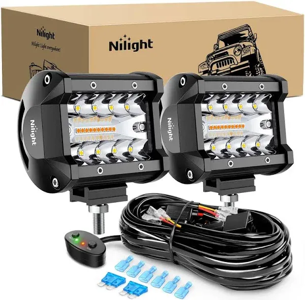 Nilight 2pcs 4inch 60W LED Pods Spot Flood Amber White Light Bar Strobe 6 Modes