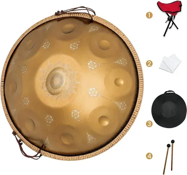 AS TEMAN Handpan, 9 notes, 432 Hz, D minor, 22 inches, with mandala pattern, ...