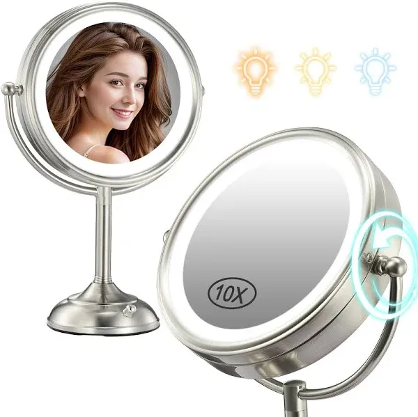  8.5&#034; Large Tall Lighted Makeup Mirror, 1X/10X Magnifying Vanity A Silver