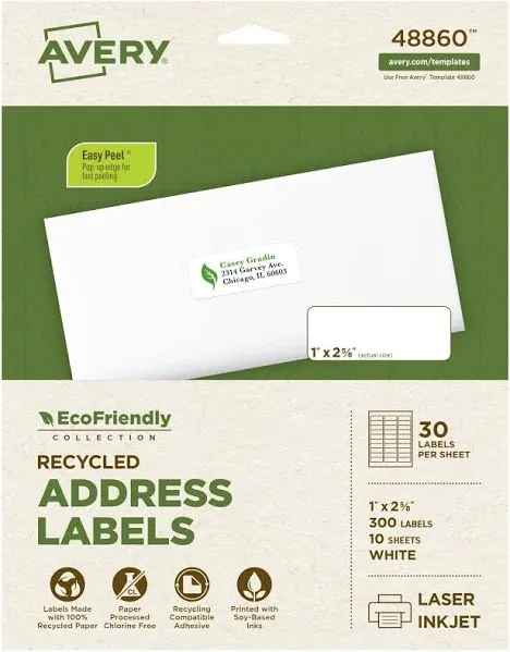 Avery EcoFriendly Recycled Address Labels, 1" x 2-5/8", White, Permanent Label Adhesive, 300 Printable Labels (48860)