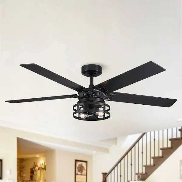 Prayag 52" Industrial Downrod Mount Reversible Ceiling Fan with Lighting and Remote Control