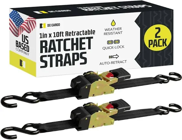 DC Cargo - Retractable Ratchet Straps, 2 Pack (1 Inch X 10 Feet) - Heavy Duty Ti