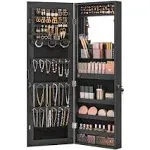 Hanging Jewelry Cabinet Armoire with Built-in Mirror and LED Lights Black