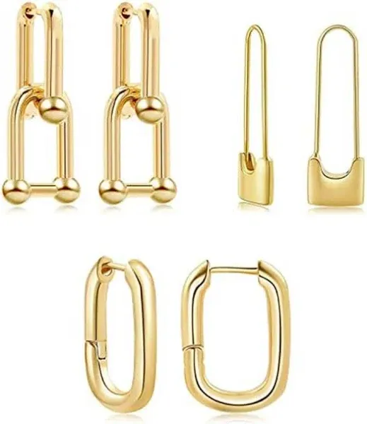 SLOONG 3 Pairs 14k Gold Plated Ball U Shape Pin Y2K Style Chunky Earring Link Chain Chunky Circle Hoop Earrings Paperclip Link Chain Jewelry Drop Dangle Earrings set for women