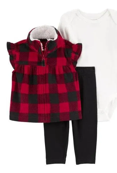 Red/Black Baby 3-Piece Buffalo Check Fleece Little Vest Set | skiphop.com