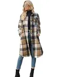 PUWEI Women&#039;s Casual Lapel Button Down Long Plaid Shirt Coat Tartan Shacket Jack