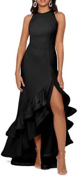 Betsy & Adam Ruffle Halter Crepe Gown