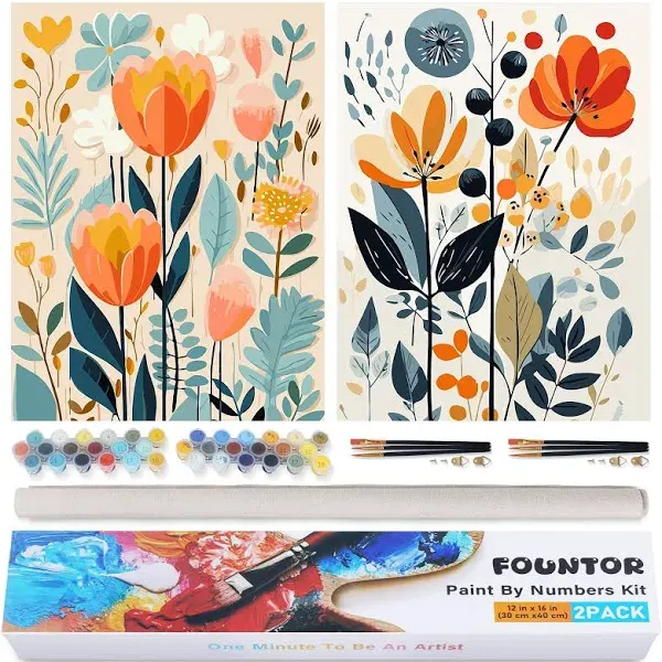 2 Pack Paint by Numbers Kit for Adults Beginner, Easy Flowers Acrylic Paint b...