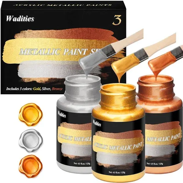 Wadities Acrylic Paint Metallic, 3pcs 13.5oz(375g) Gold &amp; Silver &amp; Bronze, 3 