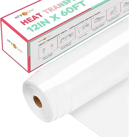 HTVRONT Heat Transfer Vinyl White Iron on Vinyl-12"x 60FT White HTV Vinyl Roll Easy to Cut & Weed for Heat Vinyl Design (White)