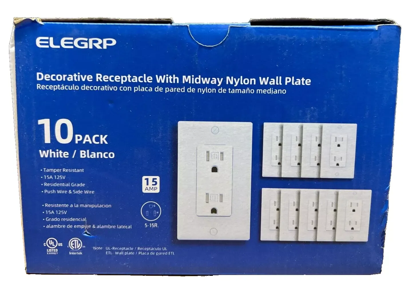 (10-Pk) ELEGRP Residential Duplex Outlet/ Midsize Nylon Wall Plate 15 A