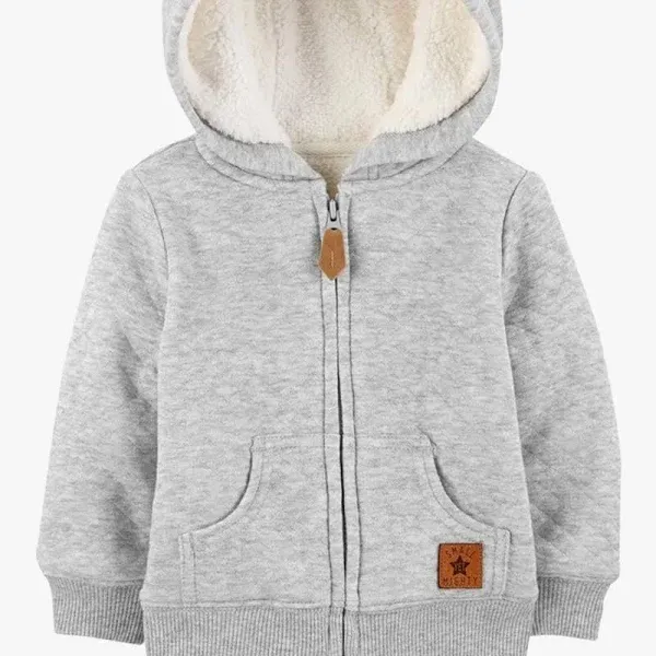  Baby Neutral Hooded Sweater Jacket with Sherpa Lining, Gray, 0-3 Months 