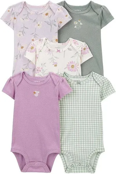 Carter's Infant Girls 5-Pack Floral Short-Sleeve Bodysuits, Lilac/Green, NB - 1R035910-NB | Blain's Farm & Fleet