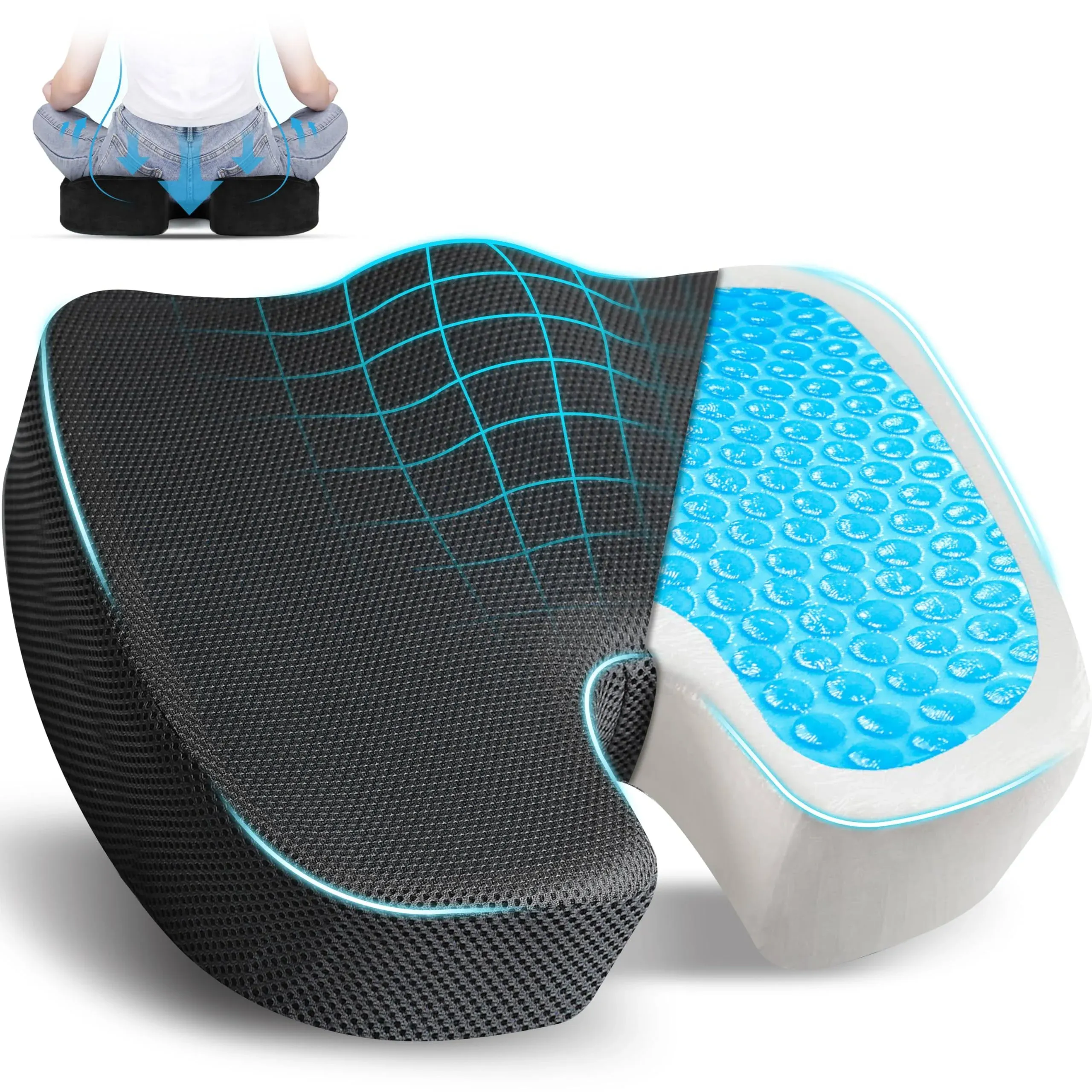 EcoNour Coccyx Cushion | Memory Foam Pain Relief Cushion for Back Support | Sciatica Tailbone Pain Relief | Anti-Slip Gel Orthopaedic Ergonomic Cushions for Office Chair (Seat Cushion)