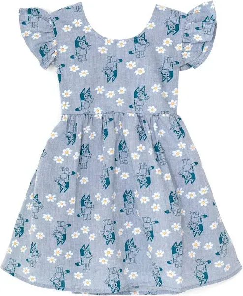 BLUEY chambray floral skater dress with winged ruffle sleeves, open back bow 7-8