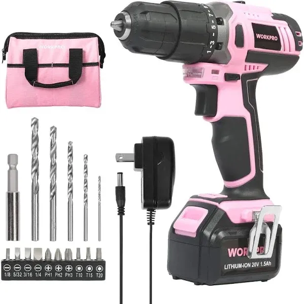 WORKPRO Pink Rechargeable 20V Li-Ion Drill Kit, includes 1 battery Pink Ribbon