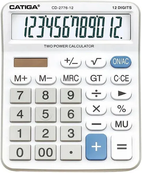 Catiga Cd-2776 Premium Commercial 12-Digit Calculator, Dual Power (White)