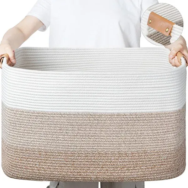 danpinera Large Woven Basket 25’’*16’’*16’’ Rectangle Toy Storage Basket for Living Room, Nursery & Laundry, Large Cotton Rope Basket with Leather Handle, 108L Gradient Brown