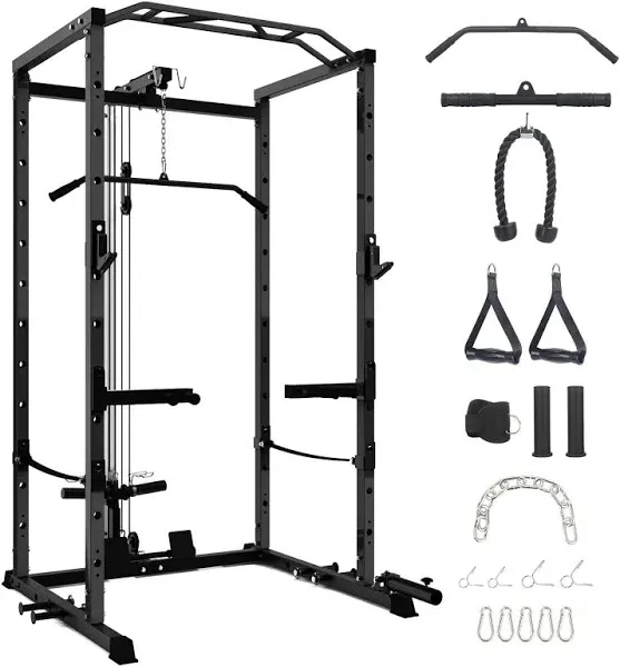 Power Cage with LAT Pulldown, Multi-Functional Power Rack with Cable Pulley System and J-Hooks