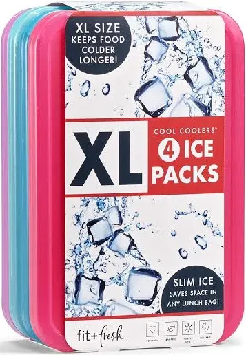 Cool Coolers by Fit & Fresh 4 Pack XL Slim Ice Packs, Quick Freeze Space Saving Reusable Ice Packs for Lunch Boxes or Coolers, Pink