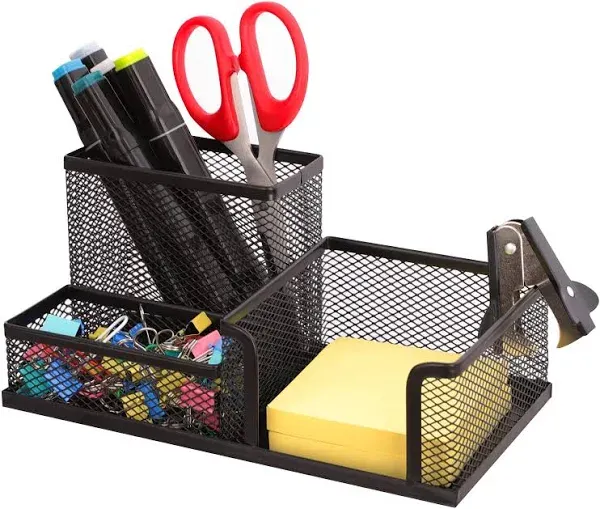 Ludato Desk Organizers Mesh Pencil holder?3 compartments black Mesh pen Holder storage for office Desk accessories