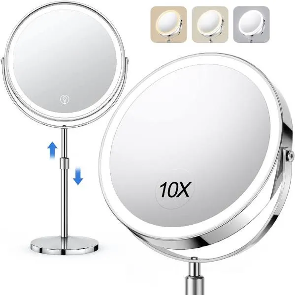 10x Large Lighted Makeup Mirror, Rechargeable 8" Height Adjustable Vanity Mirror, 1x/10x Magnifying Mirror with 3 Color, Brightness Adjustable, 360°