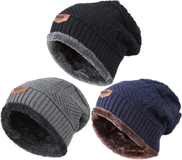 T WILKER 2Pcs Kids Winter Knitted Hats+Scarf Set Warm Fleece Lining Cap for 5-14 Year Old Boys Girls