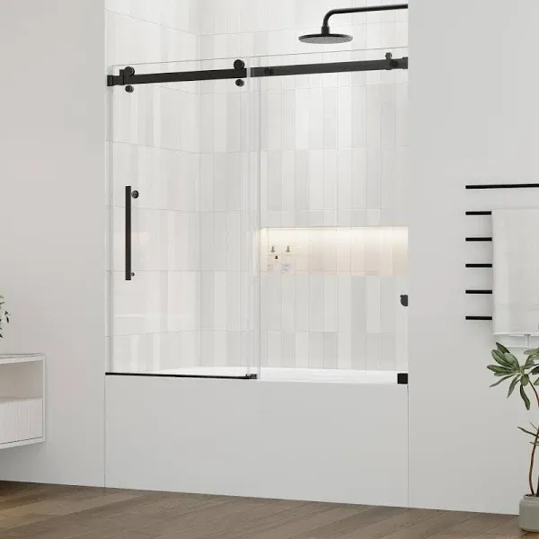 DELAVIN 56-60 in.W x 59 in.H Frameless Sliding Bathtub Door, Water Repellent Tub Shower Door, Bathtub Shower Door with 5/16" (8mm) Certified Clear Tempered Glass, Stainless Steel Frame, Matte Black