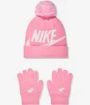 Nike Youth Swoosh Pom Beanie & Gloves Set in Pink/White