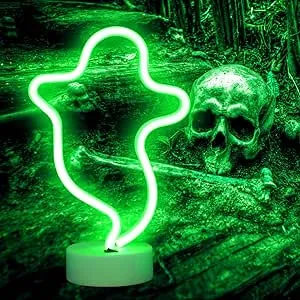 Ghost Neon Lights Halloween Decorations, Spooky Shape Neon Signs Night Lights Battery Operated/USB for Gothic, Wall Party Christmas Decor-Ghost with Holder Base(Green)