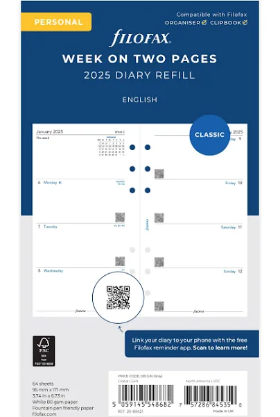 Filofax 2025 Personal Diary Week on Two Pages Classic Refill 25-68421