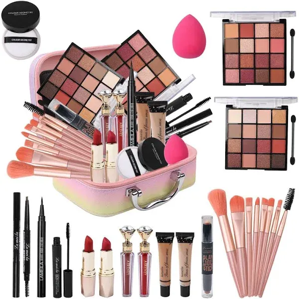 Delymol Makeup Kit for Teen Girls,All in One Makeup Kit for 2x16 Colors Eyeshadow Liquid Foundation Eyeliner Pencils Contouring Stick Lip Gloss