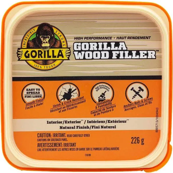 Gorilla 107084 Wood Filler, Liquid Paste, Odorless to Mild, Tan, 8 oz Tub